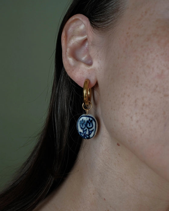 Gold Hoop Earrings with Porcelain Tulip Charm