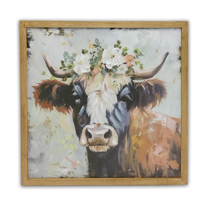 Wood Framed Floral Cow Wallart