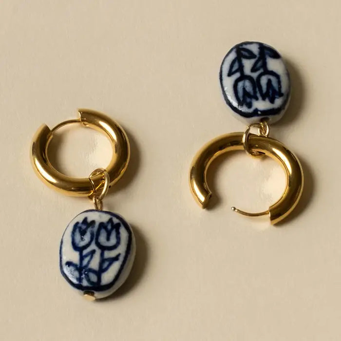 Gold Hoop Earrings with Porcelain Tulip Charm