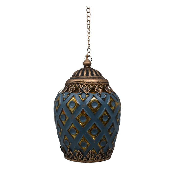Glass Led Lantern - Blue & Copper