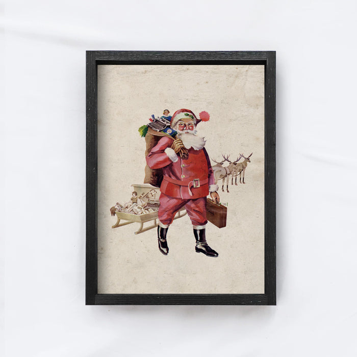Wood Framed Vintage Art - Vintage Santa Claus and Presents