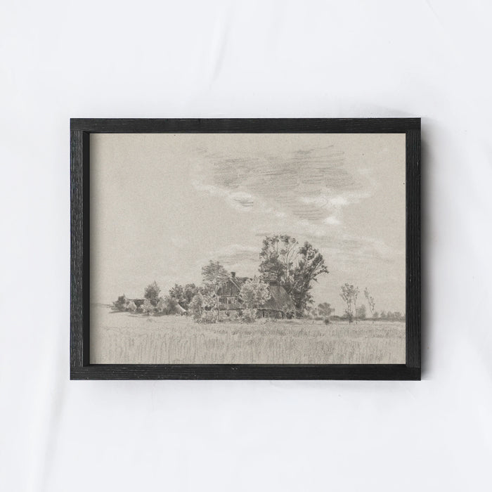 Wood Framed Vintage Art - Countryside Sketch