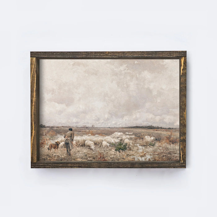 Wood Framed Vintage Art - Lanscape Sheep