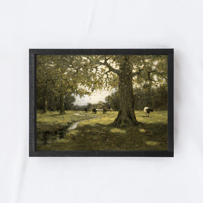 Wood Framed Vintage Art - Cows in Pasture