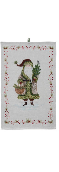 Cotton Printed Tea Towel with Santa & Berries