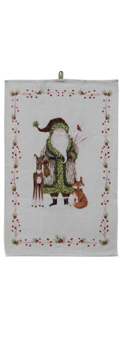 Cotton Printed Tea Towel with Santa & Berries