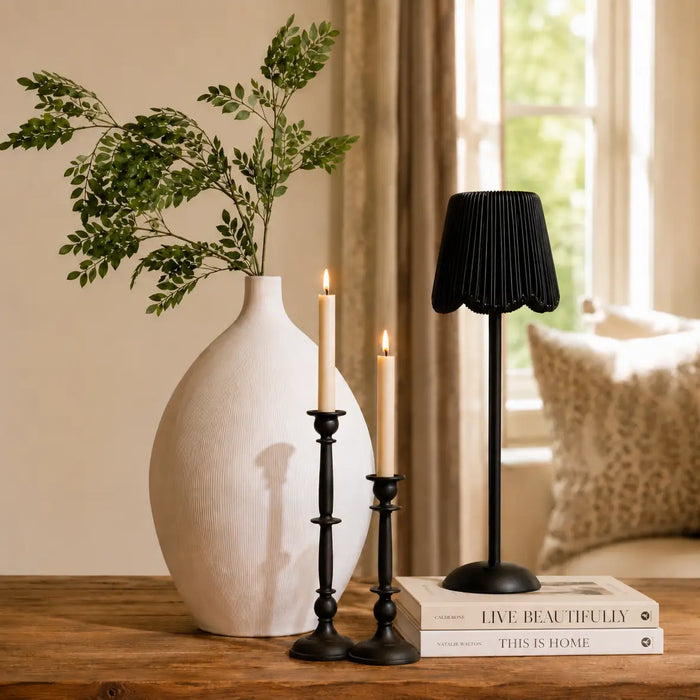 LED Table Light with Black Rattan Shade
